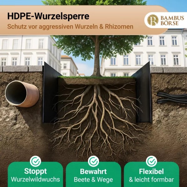 Wurzelsperre im Boden – schematische Begrenzung von Wurzeln und Rhizomen